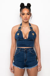 BLUE JEAN BABY BUCKLE HALTER CROP TOP