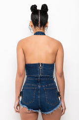 BLUE JEAN BABY BUCKLE HALTER CROP TOP
