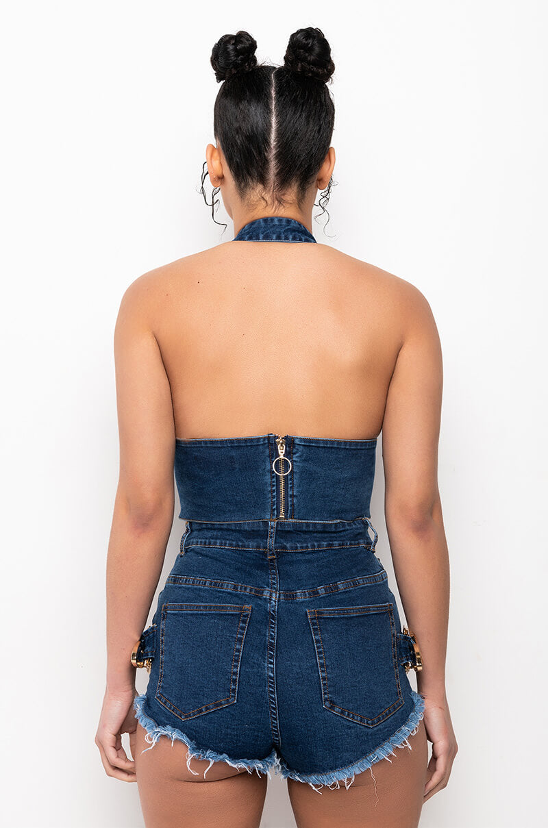 BLUE JEAN BABY BUCKLE HALTER CROP TOP