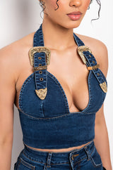 BLUE JEAN BABY BUCKLE HALTER CROP TOP