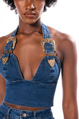 BLUE JEAN BABY BUCKLE HALTER CROP TOP