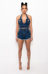 BLUE JEAN BABY BUCKLE HALTER CROP TOP