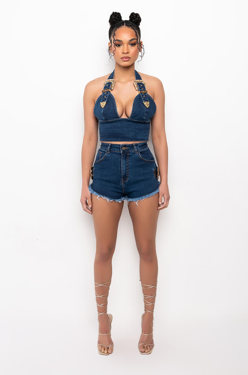 BLUE JEAN BABY BUCKLE HALTER CROP TOP