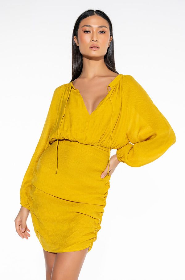 BOHO VIBES RUCHED MINI DRESS