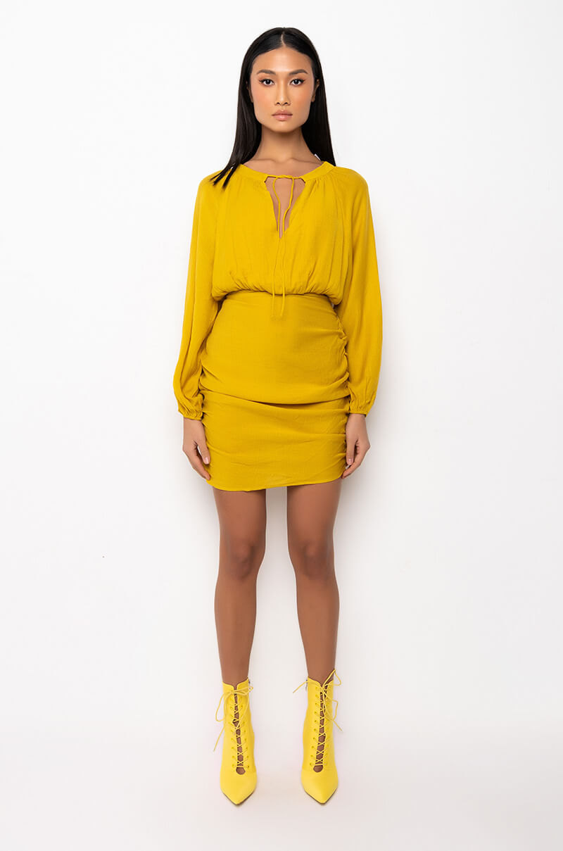 BOHO VIBES RUCHED MINI DRESS