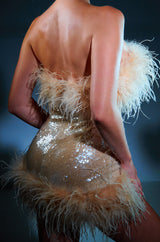 BON ANNIVERSAIRE FEATHER TRIM SEQUIN MINI DRESS