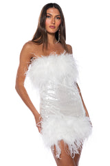 BON ANNIVERSAIRE FEATHER TRIM SEQUIN MINI DRESS