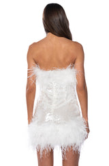 BON ANNIVERSAIRE FEATHER TRIM SEQUIN MINI DRESS