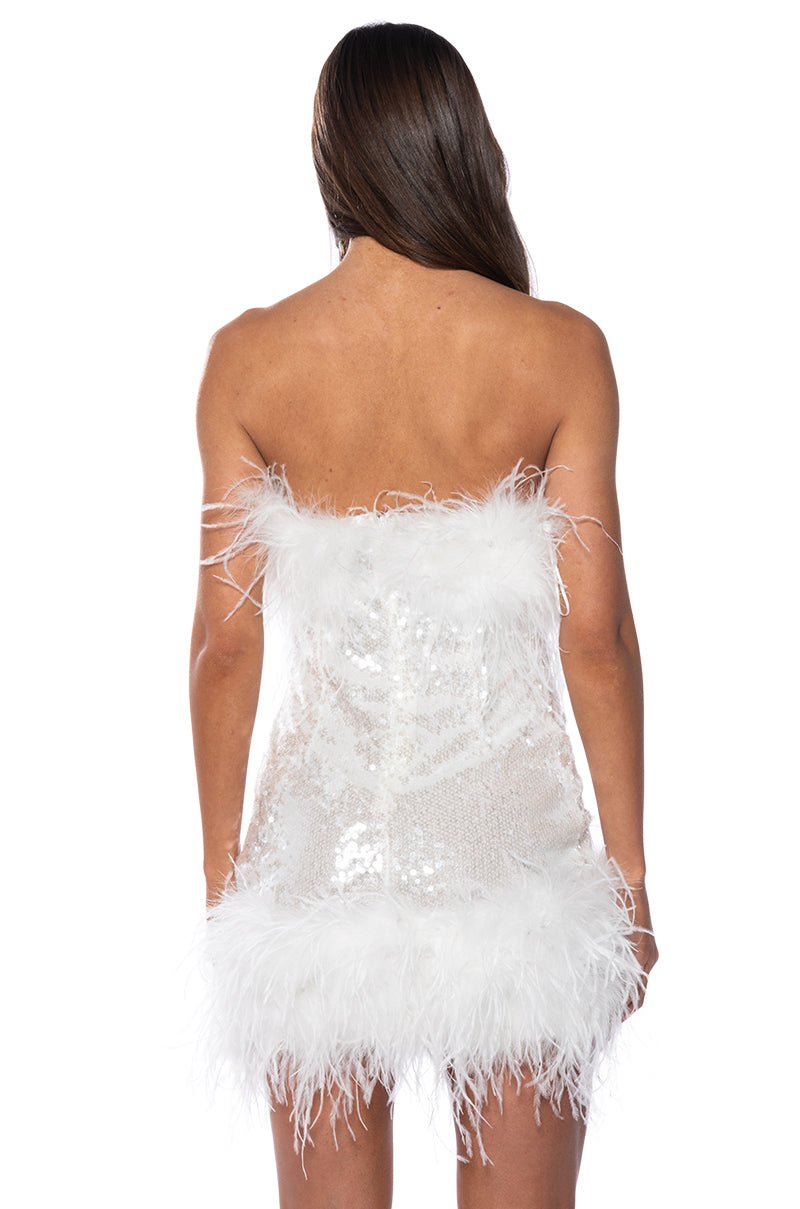 BON ANNIVERSAIRE FEATHER TRIM SEQUIN MINI DRESS