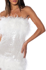 BON ANNIVERSAIRE FEATHER TRIM SEQUIN MINI DRESS