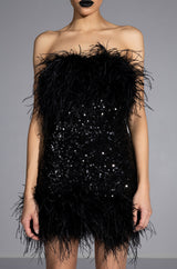 BON ANNIVERSAIRE FEATHER TRIM SEQUIN MINI DRESS