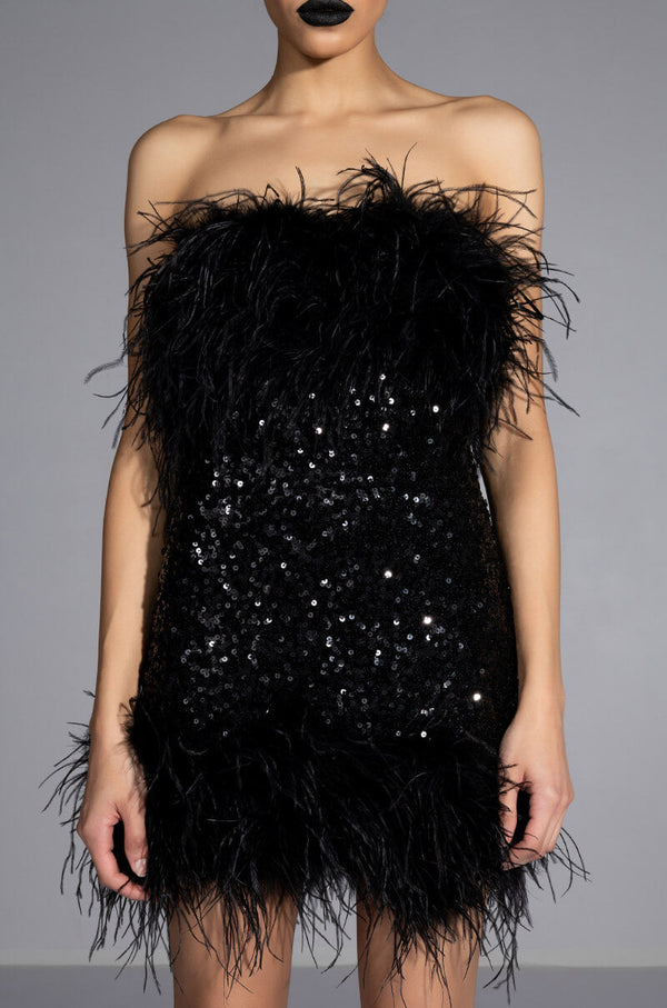 BON ANNIVERSAIRE FEATHER TRIM SEQUIN MINI DRESS