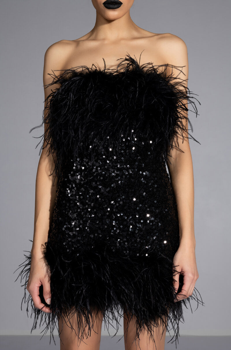 BON ANNIVERSAIRE FEATHER TRIM SEQUIN MINI DRESS