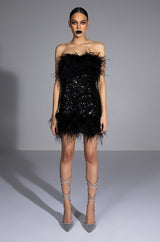 BON ANNIVERSAIRE FEATHER TRIM SEQUIN MINI DRESS