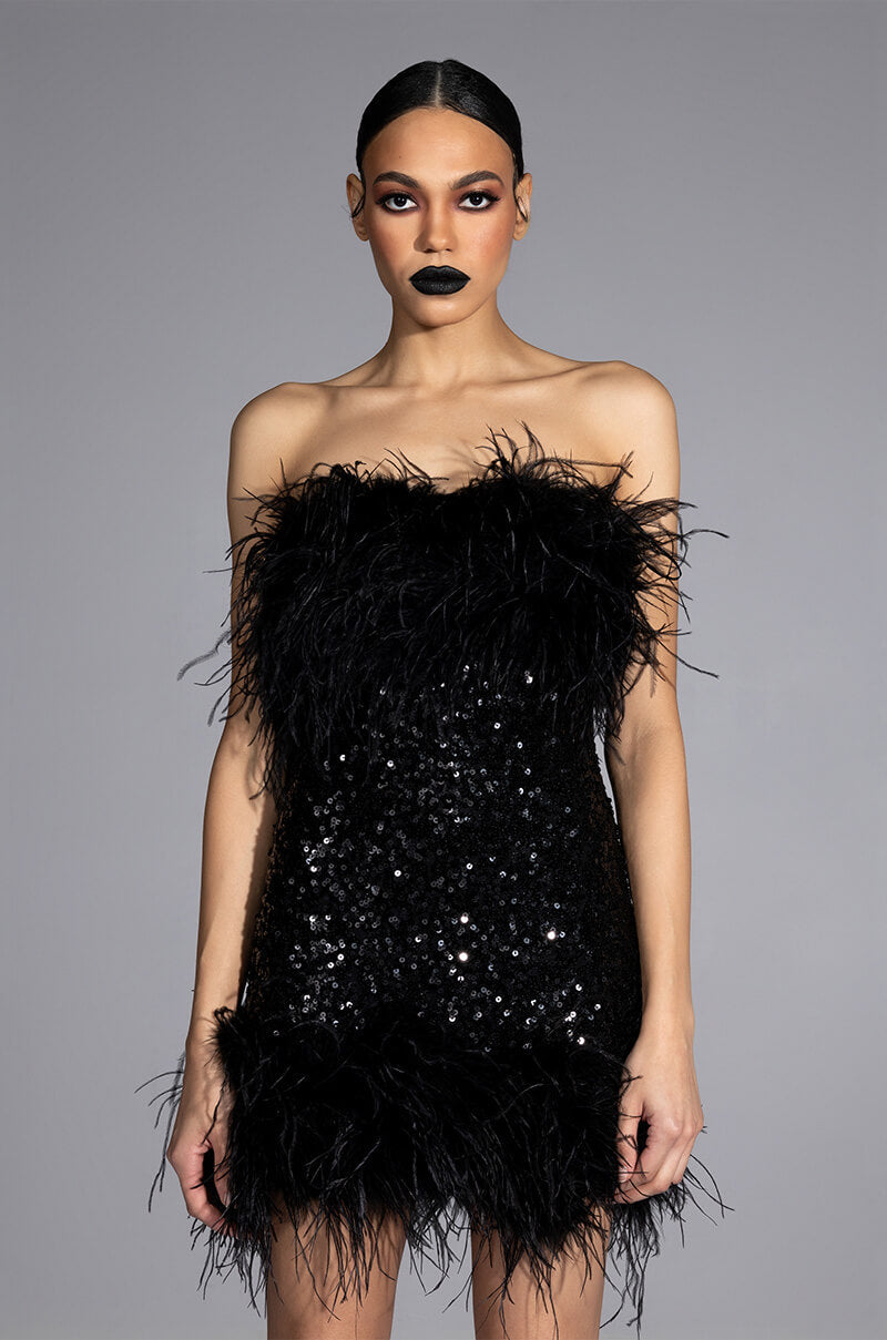 BON ANNIVERSAIRE FEATHER TRIM SEQUIN MINI DRESS