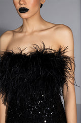 BON ANNIVERSAIRE FEATHER TRIM SEQUIN MINI DRESS