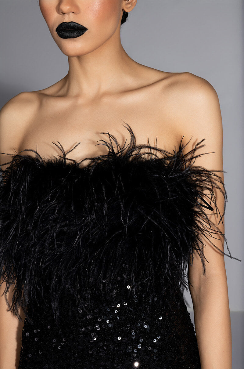 BON ANNIVERSAIRE FEATHER TRIM SEQUIN MINI DRESS
