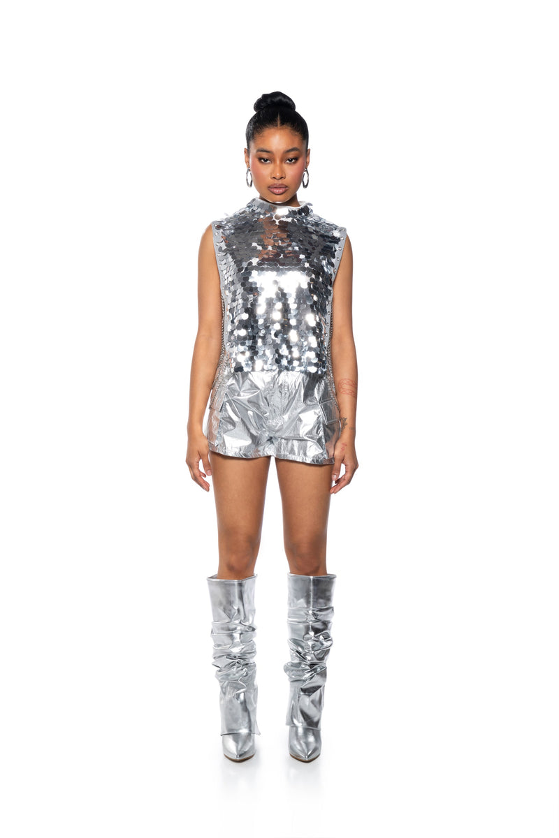 BORN THAT WAY SEQUIN OPEN SIDES MOCK NECK TOP