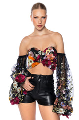BOTANICAL BEAUTY CROPPED SHEER SLEEVE TOP