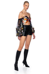 BOTANICAL BEAUTY CROPPED SHEER SLEEVE TOP