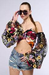 BOTANICAL BEAUTY CROPPED SHEER SLEEVE TOP