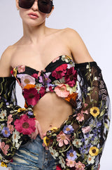 BOTANICAL BEAUTY CROPPED SHEER SLEEVE TOP
