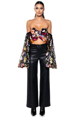 BOTANICAL BEAUTY CROPPED SHEER SLEEVE TOP