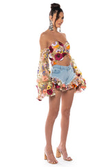 BOTANICAL BEAUTY RUFFLE DENIM SHORTS