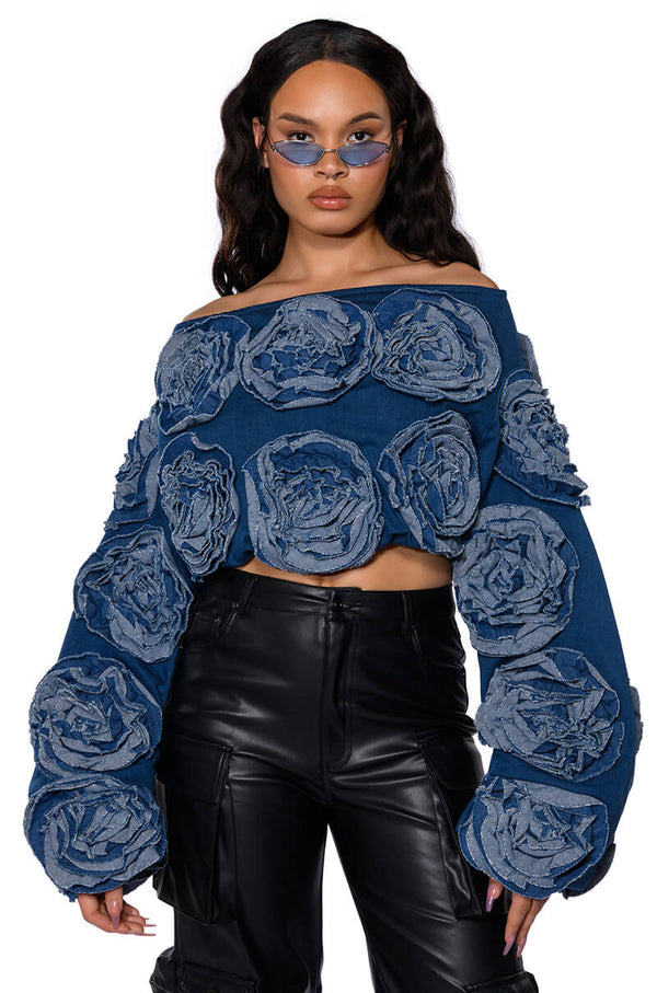 EASY DENIM OFF THE SHOULDER SWEATSHIRT