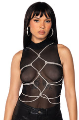 BOUT TIME RHINESTONE CHAIN SLEEVELESS MOCK NECK MESH BODYSUIT