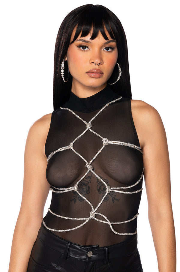 BOUT TIME RHINESTONE CHAIN SLEEVELESS MOCK NECK MESH BODYSUIT
