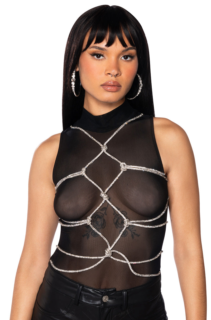 BOUT TIME RHINESTONE CHAIN SLEEVELESS MOCK NECK MESH BODYSUIT