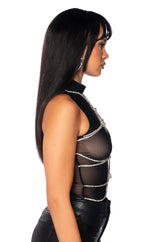 BOUT TIME RHINESTONE CHAIN SLEEVELESS MOCK NECK MESH BODYSUIT