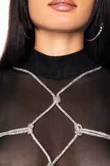 BOUT TIME RHINESTONE CHAIN SLEEVELESS MOCK NECK MESH BODYSUIT