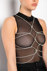 BOUT TIME RHINESTONE CHAIN SLEEVELESS MOCK NECK MESH BODYSUIT