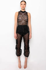 BOUT TIME RHINESTONE CHAIN SLEEVELESS MOCK NECK MESH BODYSUIT