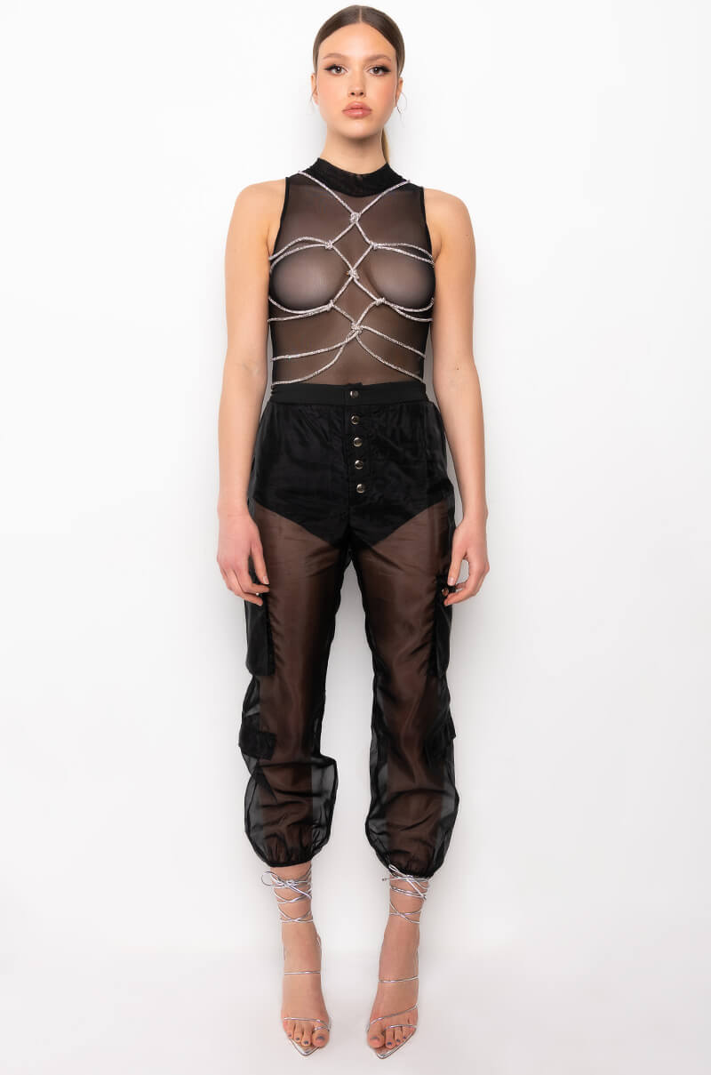 BOUT TIME RHINESTONE CHAIN SLEEVELESS MOCK NECK MESH BODYSUIT