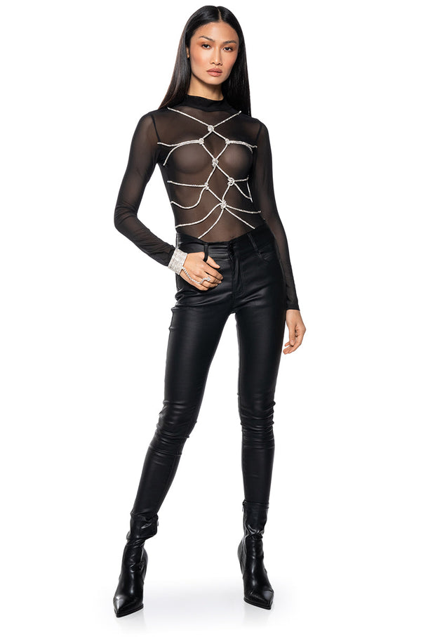 BOUT TIME RHINESTONE CHAIN LONG SLEEVE MOCK NECK MESH BODYSUIT