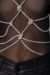 BOUT TIME RHINESTONE CHAIN LONG SLEEVE MOCK NECK MESH BODYSUIT