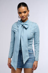 BOW DOWN BISH DENIM LONG SLEEVE TOP