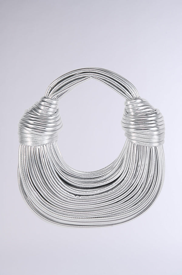 BRB FAUX LEATHER METALLIC ROPE PURSE IN SILVER