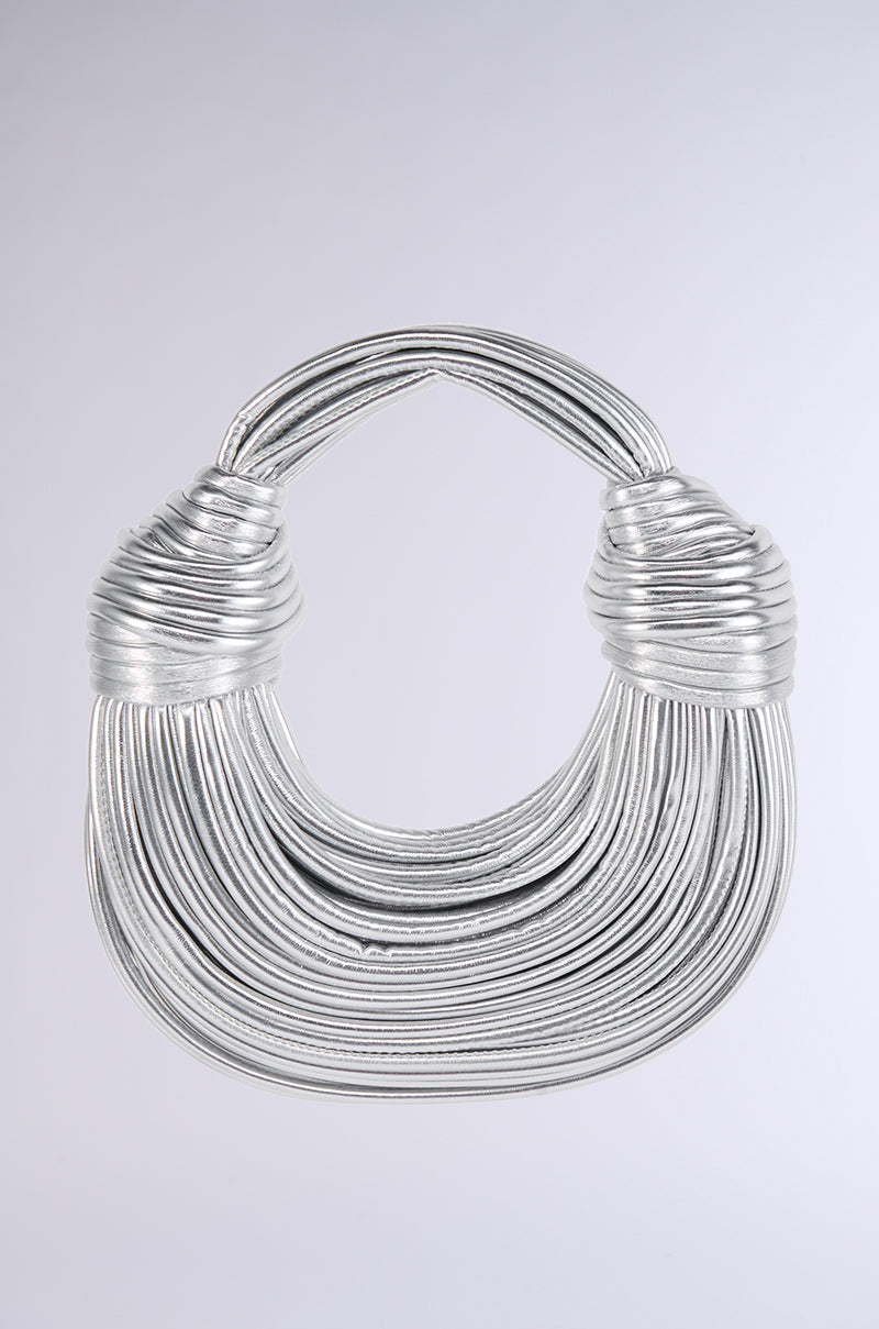 BRB FAUX LEATHER METALLIC ROPE PURSE IN SILVER