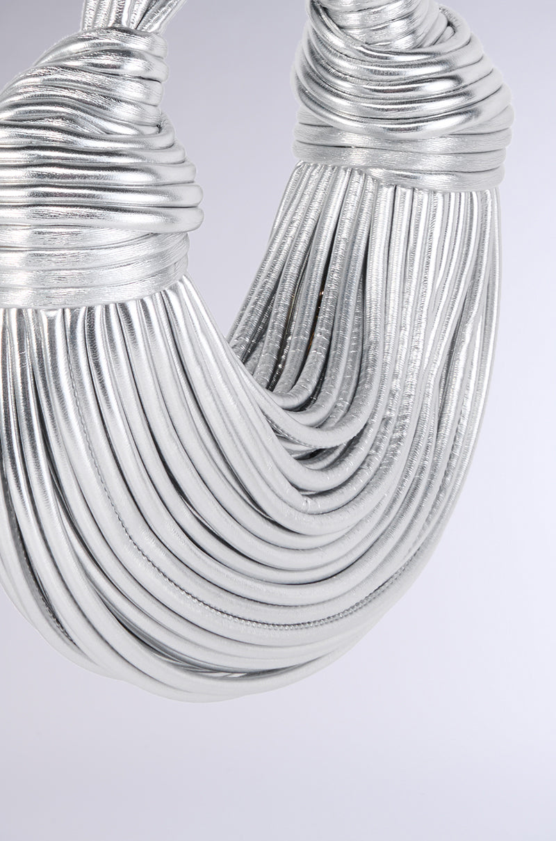 BRB FAUX LEATHER METALLIC ROPE PURSE IN SILVER