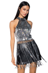 BREAK MY SOUL RHINESTONE EMBELLISHED MOCK NECK FRINGE TOP