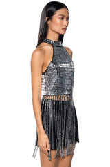 BREAK MY SOUL RHINESTONE EMBELLISHED MOCK NECK FRINGE TOP