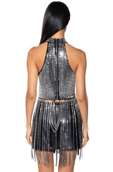 BREAK MY SOUL RHINESTONE EMBELLISHED MOCK NECK FRINGE TOP