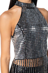 BREAK MY SOUL RHINESTONE EMBELLISHED MOCK NECK FRINGE TOP