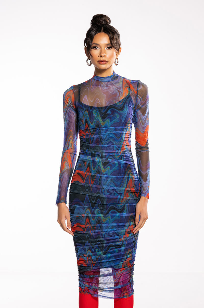 BREAK THE MOLD LONG SLEEVE RUCHED MESH MIDI DRESS