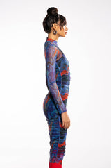 BREAK THE MOLD LONG SLEEVE RUCHED MESH MIDI DRESS