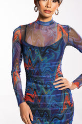 BREAK THE MOLD LONG SLEEVE RUCHED MESH MIDI DRESS